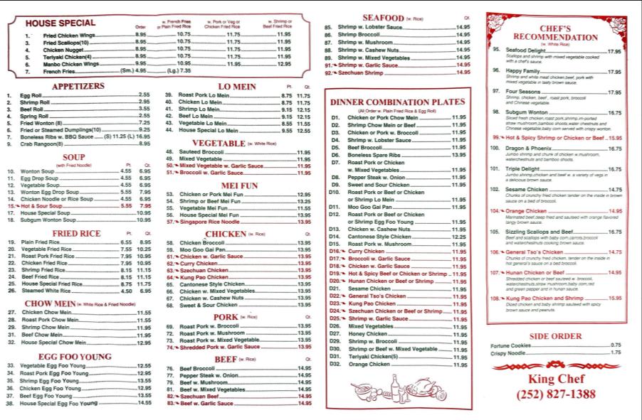 King Chef Menu